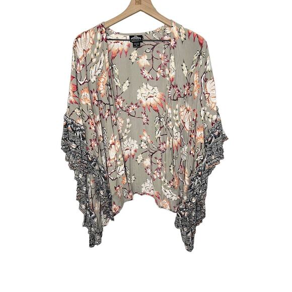 ANGIE Women's Sm Open Front Kimono Top Floral Ruffle Tim Taupe Coral Oversized - Picture 2 of 16